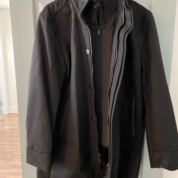 Men Express black wool coat with inside bib for warmth size Large slightly worn. - Picture 4 of 7
